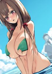 Rule 34 | 1girl, bare arms, bare shoulders, bikini, bikini top only, blue sky, blush, bottomless, breasts, breasts squeezed together, brown hair, cleavage, cloud, commentary request, copyright request, day, dutch angle, gen (black factory), highres, large breasts, long hair, looking down, low twintails, navel, open mouth, outdoors, pink eyes, sky, solo focus, swimsuit, torn bikini, torn clothes, twintails, v arms, wading, water