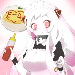 Rule 34 | 10s, 1girl, abyssal ship, airfield princess, apron, feeding, food, horns, incoming food, kantai collection, long hair, looking at viewer, maid, maid apron, maid headdress, mushi gyouza, omelet, omurice, pale skin, pov feeding, red eyes, smile, solo, spoon, white hair