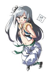 Rule 34 | !?, 1girl, asashio (kancolle), bad id, bad twitter id, black ribbon, blush, breasts, cosplay, covering privates, covering breasts, dragon ball, ebifurya, full body, fusion, gotenks, gotenks (cosplay), grey eyes, grey hair, hair ribbon, highres, inactive account, kantai collection, kasumi (kancolle), long hair, looking at viewer, navel, one side up, open mouth, pants, ribbon, simple background, sleeveless, small breasts, solo, spoken interrobang, stomach, sweat, white background