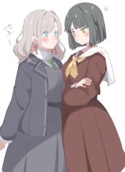 2girls :&lt; :o black_hair black_jacket black_skirt black_sweater_vest blazer blue_eyes blunt_bangs blunt_ends bob_cut breasts brown_dress ceras_yanagida_lilienfeld collared_shirt commentary crossed_arms dress dress_shirt flower flower_knot frown green_eyes green_necktie grey_hair hair_flower hair_intakes hair_ornament hair_ribbon hasu_no_sora_school_uniform highres jacket large_breasts link!_like!_love_live! long_hair long_sleeves looking_at_another love_live! medium_dress medium_skirt mizukawa_school_uniform momose_ginko multiple_girls neckerchief necktie open_mouth pink_ribbon pleated_dress pleated_skirt ribbon sailor_collar sailor_dress school_uniform shirt short_hair simple_background skirt soyo1558686 split_mouth squiggle sweater_vest swept_bangs translated virtual_youtuber white_background white_sailor_collar white_shirt winter_uniform yellow_neckerchief