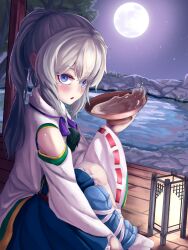 Rule 34 | blue eyes, blue skirt, blush, commentary, cup, full moon, grey hair, highres, holding, holding cup, key, lamp, long hair, mononobe no futo, moon, open mouth, pom pom (clothes), ponytail, pygrenix, ribbon-trimmed sleeves, ribbon trim, sakazuki, skirt, touhou, wide sleeves