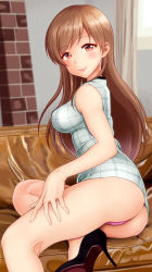 Rule 34 | 1girl, absurdres, ass, bare arms, bare legs, black footwear, blush, breasts, brown eyes, brown hair, closed mouth, commentary request, curtains, high heels, highres, idolmaster, idolmaster cinderella girls, indoors, large breasts, lips, long hair, looking at viewer, nitta minami, no pants, panties, photo-referenced, pink panties, shirt, sitting, sleeveless, sleeveless shirt, slit pupils, smile, solo, taka (takahirokun), underwear
