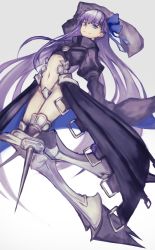 Rule 34 | 1girl, absurdres, arched back, armored boots, blue bow, blue eyes, boots, bow, cropped jacket, crotch plate, fate/grand order, fate (series), female focus, hair bow, highres, leaning back, long hair, meltryllis (fate), navel, platform footwear, purple hair, sanshouuo, simple background, sleeves past wrists, smile, solo, spikes, very long hair, white background