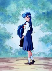 Rule 34 | 1990s (style), 1992, 1girl, asou yuuko, blue eyes, blue hair, blue skirt, briefcase, brown footwear, copyright name, day, highres, holding, holding briefcase, loafers, long hair, long skirt, long sleeves, looking at viewer, mugen senshi valis, non-web source, official art, outdoors, pleated skirt, retro artstyle, school briefcase, school uniform, shoes, skirt, solo, standing, very long hair
