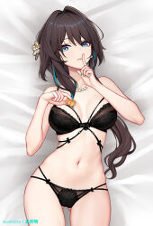 Rule 34 | 1girl, bare arms, bare shoulders, bead necklace, beads, bed sheet, black bra, black panties, blue eyes, blue nails, bra, breasts, breasts apart, brown hair, flower, food, gluteal fold, hair flower, hair ornament, hands up, highres, holding, holding food, honkai: star rail, honkai (series), index finger raised, jewelry, lingerie, long hair, looking at viewer, lying, medium breasts, multi-strapped bra, multi-strapped panties, multicolored hair, nail polish, navel, necklace, on back, on bed, panties, parted lips, ruan mei (honkai: star rail), solo, stomach, streaked hair, string panties, thighs, underwear, underwear only, yunkaiming