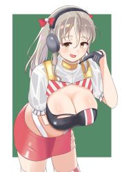 Rule 34 | 1girl, alternate costume, bandeau, black bandeau, black gloves, boots, border, breasts, brown eyes, cleavage, commentary request, cowboy shot, gloves, green background, grey hair, half gloves, headphones, headset, kantai collection, large breasts, leaning forward, long hair, looking at viewer, microphone, midriff, pola (kancolle), race queen, red skirt, shrug (clothing), skirt, solo, standing, sun fle, thigh boots, thighhighs, two-tone background, wavy hair, white border