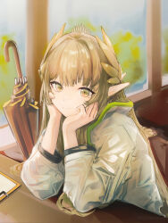 Rule 34 | 1girl, :&gt;, absurdres, arknights, blurry, blurry background, clipboard, closed mouth, closed umbrella, coat, depth of field, elbow rest, elf, green eyes, hand on own cheek, hand on own face, head rest, highres, indoors, laurel crown, laurels, light brown hair, long hair, looking at viewer, mole, mole under eye, muelsyse (arknights), pointy ears, runamonet, smile, solo, table, umbrella, upper body, white coat, window