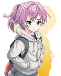 Rule 34 | 1girl, alternate costume, backpack, bag, blue eyes, casual, cat zipper, commentary request, eyebrows, grey hoodie, grey shorts, hair tie, hands in pockets, hood, hoodie, kantai collection, long sleeves, looking at viewer, outline, pink hair, pocket, ponytail, shiranui (kancolle), short hair, short shorts, shorts, solo, tk8d32, wavy mouth, white background, white outline, zipper, zipper pull tab