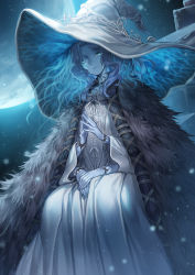 Rule 34 | 1girl, blue hair, blue skin, blue theme, cloak, closed mouth, colored skin, commentary request, cracked skin, dress, elden ring, extra arms, forehead, full moon, fur cloak, glowing, grey dress, grey hat, hagure keg, hat, highres, long hair, long sleeves, looking at viewer, moon, one eye closed, parted bangs, ranni the witch, sitting, solo, wide sleeves, wings