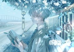 Rule 34 | 1boy, absurdres, aqua theme, artist name, bench, blue theme, book, bridge, closed mouth, earrings, english text, flower, grey hair, highres, holding, holding book, jewelry, looking at viewer, male focus, nasakura-0227, on bench, original, signature, sitting, solo, solo focus, tree, white flower, white hair
