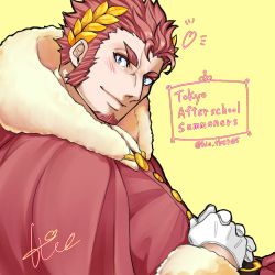 Rule 34 | 1boy, blue eyes, blush, claude (housamo), copyright name, facial hair, fur-trimmed jacket, fur trim, gloves, goatee, heart, highres, hio tksr05, jacket, laurel crown, long sideburns, male focus, mature male, notice lines, red hair, santa costume, short hair, sideburns, signature, smile, solo, thick eyebrows, tokyo houkago summoners, twitter username, upper body, white gloves, yellow background