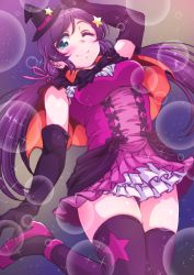 Rule 34 | 1girl, ;), ankle strap, arm up, ayumu-k, black bow, black bowtie, black gloves, black hat, black thighhighs, blush, bow, bowtie, breasts, bubble, capelet, commentary request, dancing stars on me!, dress, elbow gloves, gloves, green eyes, hair ornament, hair ribbon, halloween, hat, hat ornament, highres, jumping, long hair, love live!, love live! school idol project, medium breasts, one eye closed, pink dress, pink footwear, pink ribbon, print thighhighs, purple hair, ribbon, smile, solo, sparkle, star (symbol), star hair ornament, star hat ornament, star print, thighhighs, tojo nozomi, witch hat