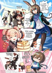 Rule 34 | 1boy, 3girls, amiya (arknights), animal, arknights, commentary, croissant (arknights), dog, eating, english commentary, english text, food, gummy (arknights), highres, hm (hmongt), hound, matterhorn (arknights), meat, multiple girls, pancake, pantyhose, rabbit girl, reunion soldier (arknights), stove, watermark, web address
