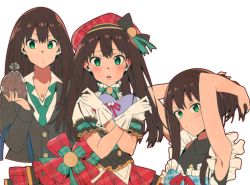 Rule 34 | 10s, 1girl, apron, beret, box, brown hair, cardigan, erere, expressions, gift, green eyes, hat, heart-shaped box, holding, holding gift, idolmaster, idolmaster cinderella girls, jewelry, long hair, looking at viewer, multiple views, necklace, necktie, plaid, school uniform, shibuya rin, simple background, tying hair, valentine, white background