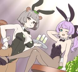 Rule 34 | 2girls, ahoge, alternate costume, animal ears, animal nose, arm behind head, armpits, bare shoulders, black bow, black bowtie, black leotard, black pantyhose, blue eyes, blunt bangs, bow, bowtie, breasts, brown eyes, brown pantyhose, champagne flute, closed mouth, commentary, covered navel, crossed legs, cup, detached collar, drinking glass, drop earrings, dutch angle, earrings, extra ears, fake animal ears, frown, grey hair, hair bow, half-closed eyes, hand on own hip, hand up, high heels, highleg, highleg leotard, highres, holding, holding tray, jewelry, large breasts, leotard, long hair, looking at viewer, magari (c0rn3r), mochi hiyoko, mochipro, mode aim, multiple girls, on table, one eye closed, oversized breast cup, pantyhose, playboy bunny, poker chip, ponpoko (vtuber), ponytail, rabbit ears, raccoon ears, raccoon girl, raccoon tail, short hair, sitting, small breasts, smile, stack, standing, table, tail, tray, virtual youtuber, wrist cuffs
