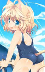 Rule 34 | 1girl, animal ears, ass, blonde hair, blue eyes, cat ears, cat tail, fang, looking back, one-piece swimsuit, original, school swimsuit, short hair, solo, swimsuit, tail, toba hiyoko