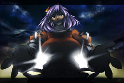 Rule 34 | 1girl, backlighting, bad id, bad pixiv id, breasts, cloud, cloudy sky, english text, female focus, from below, large breasts, letterboxed, long sleeves, looking at viewer, looking down, outstretched arms, purple hair, red eyes, sky, smile, solo, spacezin, touhou, yasaka kanako