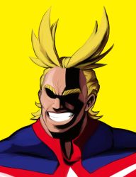 Rule 34 | 10s, 1boy, absurdres, all might, artist request, blonde hair, bodysuit, boku no hero academia, grin, happy, highres, male focus, muscular, parted lips, shaded face, simple background, smile, solo, superhero costume, teeth, thick eyebrows, upper body, yagi toshinori, yellow background