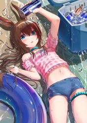 Rule 34 | 1girl, akabane hibame, amiya (arknights), animal ears, arknights, arm up, beer bottle, blue collar, blue eyes, blue shorts, blush, brown hair, can, collar, cooler, cowboy shot, cropped shirt, hair between eyes, highres, holding, holding can, ice, ice cube, innertube, jewelry, looking at viewer, lying, midriff, multiple rings, navel, neck ring, off-shoulder shirt, off shoulder, official alternate costume, on back, open mouth, partially submerged, pink shirt, rabbit ears, rabbit girl, ring, shading eyes, shirt, short shorts, short sleeves, shorts, solo, swim ring, thighlet, thumb ring, water, water drop, wet
