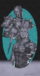 Rule 34 | 1boy, 1other, absurdres, armor, bare shoulders, broken heart, closed mouth, collarbone, commentary, earrings, flattop, floating, furrowed brow, gradient background, heart, heart earrings, highres, jean pierre polnareff, jewelry, jojo no kimyou na bouken, looking at viewer, male focus, muscular, outstretched arm, partially colored, pointing, rapier, signature, silver chariot, single strap, sleeveless, stand (jojo), stardust crusaders, sword, tight clothes, upper body, v8, weapon, widow&#039;s peak