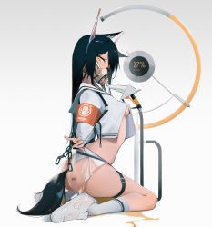 Rule 34 | 1girl, animal ears, arknights, armband, arms behind back, ass, ass tattoo, barcode, barcode tattoo, black hair, blush, bound, bound arms, breasts, buckle, chain, chained, eyyy, from side, full body, gas mask, headgear, highres, kneehighs, kneeling, long hair, long sleeves, looking at viewer, looking to the side, machinery, mask, medium breasts, miniskirt, no bra, panties, penguin logistics logo, revealing clothes, see-through, shoes, skirt, sneakers, socks, solo, tail, tattoo, texas (arknights), thigh strap, underboob, underwear, v-shaped eyebrows, white background, white footwear, white socks, white panties, wolf ears, wolf girl, wolf tail, yellow eyes