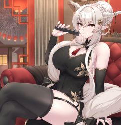 Rule 34 | 1girl, absurdres, arknights, bare shoulders, black dress, black nails, black thighhighs, breasts, bridal gauntlets, brown eyes, closed mouth, covered navel, crossed legs, dress, female focus, folding fan, garter straps, hand fan, highres, holding, holding fan, horns, kanta (kanta 077), large breasts, long hair, looking at viewer, nail polish, pointy ears, shining (arknights), sitting, smile, solo, thighhighs, thighs, white hair