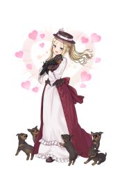 Rule 34 | 1girl, :d, black gloves, blonde hair, blue eyes, bow, braid, brown footwear, crown braid, dobermann, dog, dress, elizabeth cassandra austin, flower, full body, gloves, hat, hat bow, hat flower, heart, highres, long hair, looking at viewer, multiple dogs, official art, open mouth, princess principal, princess principal game of mission, puppy, shoes, smile, standing, transparent background