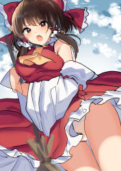 Rule 34 | 1girl, absurdres, ascot, bad id, bad pixiv id, blue sky, blush, bow, breasts, broom, brown hair, cloud, cloudy sky, commentary, cowboy shot, detached sleeves, frilled hair tubes, frills, hair bow, hair tubes, hakurei reimu, highres, holding, holding broom, kozomezuki, looking at viewer, medium breasts, medium hair, open mouth, panties, pantyshot, red bow, red eyes, red shirt, red skirt, scowl, shirt, sidelocks, sketch, skirt, skirt set, sky, solo, sweatdrop, thighs, touhou, underwear, white panties, wide sleeves, wind, yellow ascot