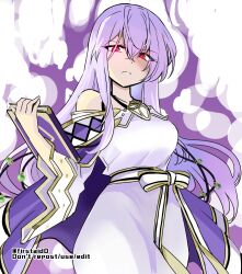 Rule 34 | 1girl, bare shoulders, book, breasts, circlet, corruption, dark persona, fire emblem, fire emblem: genealogy of the holy war, frown, holding, holding book, julia (fire emblem), long hair, looking at viewer, medium breasts, mind control, narrowed eyes, nintendo, purple hair, red eyes, simple background, solo, yukia (firstaid0)