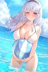 Rule 34 | 1girl, ;), azur lane, ball, bare arms, bare shoulders, beachball, bikini, black hairband, blue sky, blunt bangs, blush, breast rest, breasts, cleavage, closed mouth, cloud, collarbone, cowboy shot, day, dido (azur lane), dutch angle, hairband, halterneck, highres, holding, holding ball, horizon, kanno esuto, large breasts, long hair, looking at viewer, nose blush, ocean, one eye closed, outdoors, purple eyes, silver hair, sky, smile, solo, sunlight, swimsuit, wading, water, wet, white bikini