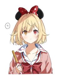 Rule 34 | 1girl, ?, alternate hairstyle, blonde hair, bow, bowtie, cardigan, churro, closed mouth, collared shirt, cowlick, food, h (eitilog), heterochromia, highres, holding, holding food, hoshikawa sara, hoshikawa sara (4th costume), long sleeves, looking at viewer, mickey mouse ears, nijisanji, orange eyes, pink cardigan, polka dot, polka dot bow, red bow, red bowtie, red eyes, shirt, short hair, simple background, smile, solo, spoken question mark, upper body, virtual youtuber, white background, white shirt