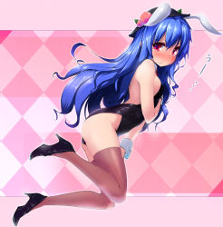 Rule 34 | 1girl, alternate costume, animal ears, argyle, argyle background, argyle clothes, bare shoulders, blue hair, blush, detached collar, dot r, female focus, fishnet thighhighs, fishnets, full body, hat, high heels, hinanawi tenshi, leotard, long hair, playboy bunny, rabbit ears, red eyes, shoes, solo, tears, thighhighs, touhou, uu~, wavy mouth