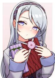 Rule 34 | 1girl, absurdres, blush, box, coat, commentary request, flower, gift, gift box, hairband, highres, holding, holding gift, kantai collection, long hair, long sleeves, namaata, official alternate costume, parted lips, pink flower, plaid, plaid hairband, purple eyes, sagiri (kancolle), silver hair, simple background, solo, twitter username, two-tone background, upper body, valentine