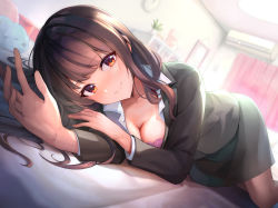 Rule 34 | 1girl, arms up, black jacket, black skirt, blush, bra, breasts, brown hair, cleavage, closed mouth, collarbone, collared shirt, commentary request, curtains, dress shirt, formal, highres, indoors, jacket, long hair, long sleeves, looking at viewer, lying, maeshimashi, medium breasts, office lady, on side, original, pencil skirt, pink bra, red eyes, shirt, skirt, skirt suit, smile, solo, suit, underwear, white shirt