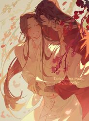 Rule 34 | 2boys, autumn leaves, bandaged neck, bandages, bishounen, black hair, blush, branch, brown hair, chinese clothes, closed eyes, collarbone, earrings, eyepatch, galbae, hair over shoulder, hanfu, hua cheng, hug, hug from behind, jewelry, leaf, long hair, male focus, multiple boys, open mouth, red hanfu, red robe, robe, simple background, smile, string, string around finger, string of fate, tianguan cifu, white hanfu, white robe, wide sleeves, xie lian, yaoi