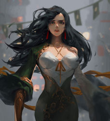 Rule 34 | 1girl, absurdres, aenrs, black dress, black hair, breasts, chinese commentary, commentary, cowboy shot, detached sleeves, dress, earrings, gauntlets, gold trim, green eyes, highres, jewelry, large breasts, lips, long hair, long sleeves, looking at viewer, looking away, original, outdoors, parted lips, ribbon, single detached sleeve, single gauntlet, solo, standing, teeth, white sleeve, wide sleeves, yellow ribbon
