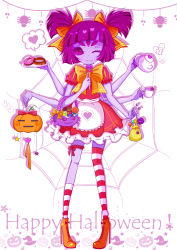 Rule 34 | 1girl, absurdres, apron, boots, bow, candy, chocolate, colored skin, extra arms, extra eyes, fangs, food, halloween, high heel boots, high heels, highres, arthropod girl, muffet, pumpkin, purple skin, ribbon, spider girl, tea, thighhighs, undertale, wink