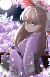 Rule 34 | 1girl, absurdres, blurry, blurry foreground, bow, breasts, brown hair, cherry blossoms, commentary, floral print, floral print kimono, from behind, fujishima megumi, hair bow, half-closed eyes, half updo, highres, holding, holding umbrella, japanese clothes, kimono, large breasts, link! like! love live!, long hair, long sleeves, looking at viewer, looking back, love live!, moon, night, oil-paper umbrella, parted lips, purple eyes, purple kimono, solo, symbol-only commentary, tsubuan (in taiyaki), umbrella, upper body, white bow, wide sleeves