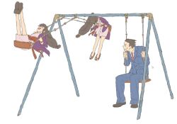 Rule 34 | 1boy, 1girl, ace attorney, black hair, blue jacket, blue pants, bo oj0916, brown footwear, dress, full body, hair bobbles, hair ornament, jacket, jewelry, long hair, looking at another, low-tied long hair, magatama, magatama necklace, maya fey, necklace, necktie, obi, open clothes, open jacket, pants, phoenix wright, pink dress, purple jacket, red necktie, red sash, sandals, sash, shirt, short hair, simple background, spiked hair, sweatdrop, swinging, white background, white shirt, zouri