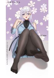 Rule 34 | 1girl, absurdres, alternate costume, artist name, azur lane, belfast (azur lane), black panties, blue skirt, blush, breasts, character name, chieftain art13, cleavage, clothing cutout, copyright name, covered collarbone, eyelashes, feet, floral background, foot focus, full body, hair between eyes, hand up, highres, knees together feet apart, knees up, large breasts, legs, long hair, long sleeves, looking at viewer, no shoes, open mouth, panties, panties under pantyhose, pantyhose, purple background, purple hair, shadow, shoulder cutout, sitting, skirt, soles, solo, teeth, thighband pantyhose, thighs, toes, twitter username, underwear, upper teeth only, very long hair
