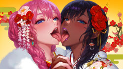 Rule 34 | 2girls, black hair, blue eyes, blush, commentary request, dark-skinned male, dark skin, flower, french kiss, hair flower, hair ornament, highres, holding hands, kiss, multiple girls, open mouth, original, pink hair, teeth, tongue, tongue out, upper teeth only, yuri, yuritamashi