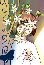 Rule 34 | 1girl, brown eyes, brown hair, bug, butterfly, flower, food, fruit, highres, hmd2, insect, looking at another, one eye covered, pear, pear girl, shirt, tree, white flower, white shirt