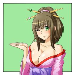 Rule 34 | breasts, cleavage, japanese clothes, shikuta maru, smile, wink