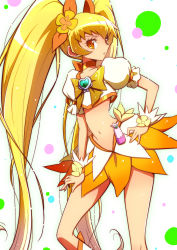 Rule 34 | 10s, 1girl, blonde hair, boots, bow, brooch, cure sunshine, hair ribbon, hand on own hip, heart, heart brooch, heartcatch precure!, jewelry, knee boots, long hair, looking at viewer, magical girl, midriff, myoudouin itsuki, navel, orange bow, orange skirt, precure, ribbon, shirono, skirt, solo, twintails, wrist cuffs, yellow bow, yellow eyes