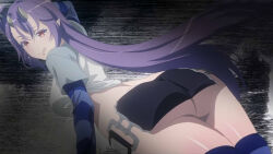 1girl anime_screenshot ass ass_focus breasts demon_girl demon_horns horns huge_ass large_breasts leviathan_(the_seven_deadly_sins) looking_back no_panties pointy_ears purple_hair red_eyes seductive_gaze seductive_smile shirt sin_nanatsu_no_taizai skirt smile socks solo the_seven_deadly_sins tongue tongue_out