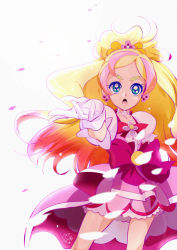 Rule 34 | 1girl, :o, blonde hair, bow, brooch, cowboy shot, cure flora, earrings, flower, flower earrings, flower necklace, gloves, go! princess precure, green eyes, hair ornament, haruno haruka, jewelry, layered skirt, long hair, looking at viewer, magical girl, multicolored hair, necklace, o kakugo wa yoroshikute?, open mouth, petals, pink bow, pink skirt, pink theme, precure, puffy sleeves, signature, simple background, skirt, solo, standing, streaked hair, thick eyebrows, tomo5656ky, two-tone hair, waist bow, white background, white gloves