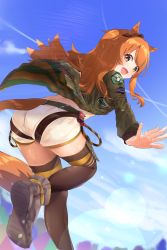 Rule 34 | 1girl, :d, animal ears, blue sky, brown hair, brown jacket, brown thighhighs, cat ears, contrail, day, floating hair, highres, horse girl, jacket, long hair, long sleeves, looking at viewer, looking back, mayano top gun (umamusume), nanashita shiki, open clothes, open jacket, open mouth, outdoors, outstretched arm, short shorts, shorts, sky, smile, solo, thighhighs, thighs, umamusume, very long hair, white shorts, yellow eyes, zettai ryouiki