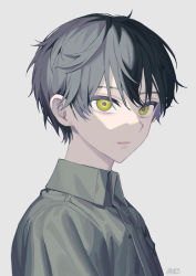 Rule 34 | 1boy, absurdres, black hair, commentary request, from side, green eyes, grey background, highres, male focus, original, parted lips, short hair, simple background, solo, torino kawazu, upper body, very short hair