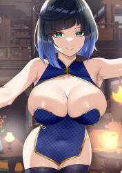 Rule 34 | 1girl, absurdres, alternate costume, amai-pai, areola slip, armpits, asymmetrical hair, black thighhighs, blue dress, blue hair, breasts, china dress, chinese clothes, cleavage, cleavage cutout, clothing cutout, commentary, covered navel, cowboy shot, diagonal bangs, dress, english commentary, eyeshadow, genshin impact, gold trim, gradient hair, green eyes, highres, lamp, large breasts, leaning forward, lipstick, looking at viewer, makeup, mole, mole on breast, multicolored hair, parted lips, purple lips, red eyeshadow, short dress, short hair, side slit, sleeveless, sleeveless dress, smile, solo, standing, taut clothes, taut dress, thighhighs, yelan (genshin impact)