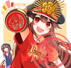 Rule 34 | 1boy, 1girl, blush, buster shirt, clothes writing, family crest, fate/grand order, fate (series), fiery hair, hair between eyes, hat, highres, hood, hoodie, ink stamp, long hair, military hat, mini nobu (fate), oda nobukatsu (fate), oda nobunaga (fate), oda uri, open mouth, peaked cap, red eyes, shirt, short sleeves, simple background, sleeveless, smile, t-shirt, trap, very long hair, yui (tamagohan)